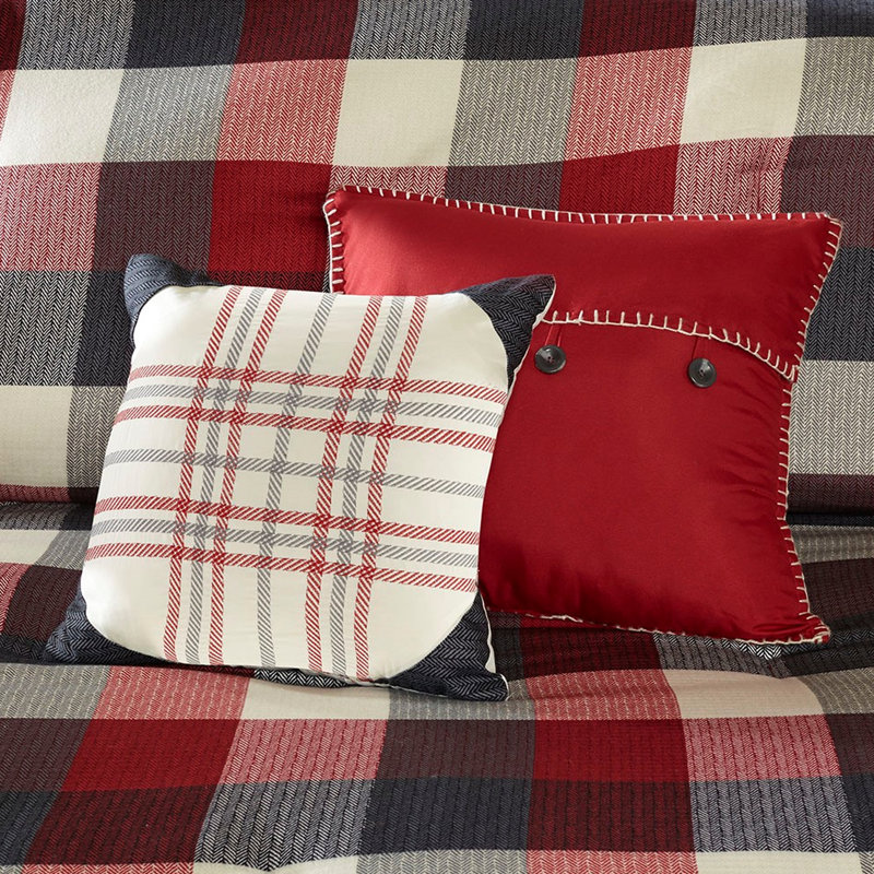 Édredon 7 pièces à chevrons rouge pour grand lit - Imprimé écossais Buffalo 3 coussins décoratifs et jupe à prix raisonnable 2 taies décoratives, lavage en machine à 15 "