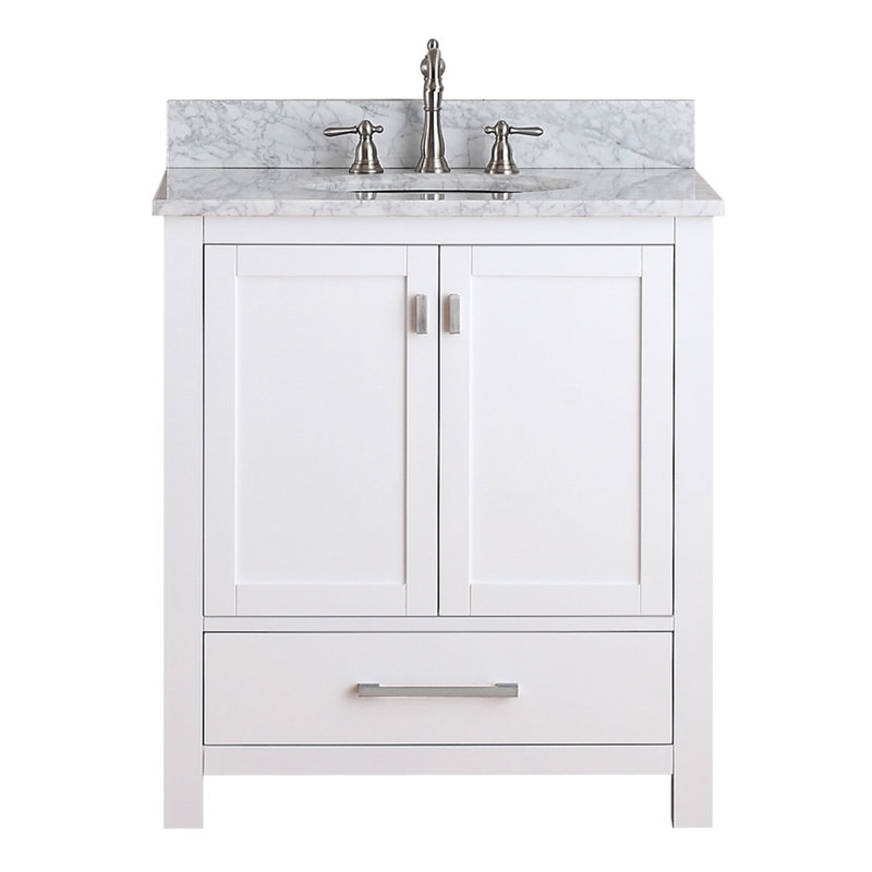Modero 30" Single Bathroom Vanity with Top, Carrera White Marble, White, Brushed Nickel