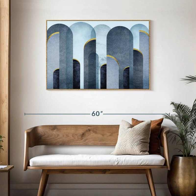 Arches bleu Mid-Century, Cadre flottant en bois naturel, 43 po x 29 po