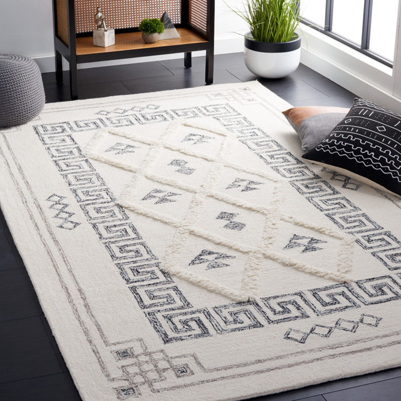 Annebelle Hand Tufted Wool/Cotton Geometric Rug in Black/Ivory, Rectangle 6' x 9'