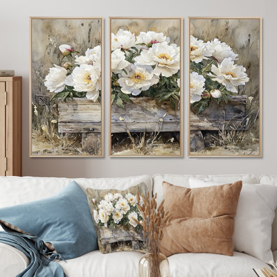 Loin, pivoines près de la cuvette d'eau - pivoines, art mural sur toile - 3 panneaux