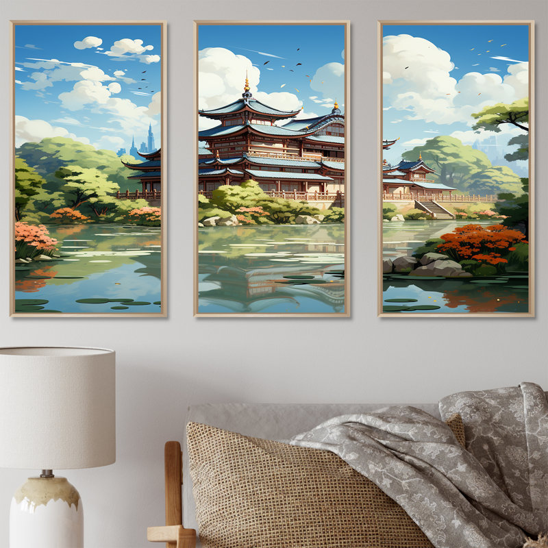 «Tranquil Japanese Landscape - China», art mural, H 40 po x l 61 po, Cadre flottant brun