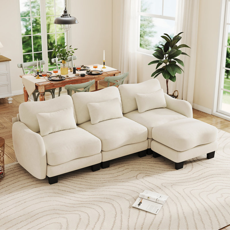 Canapé modulaire courbé en L de 101 po avec repose-pieds et 3 coussins lombaires, canapé 3 places Cloud Comfort, crème ivoire