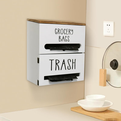 2 In 1 Trash Bag Dispenser, Double Wall Mounted,Wood Trash Bag Holder, Used In Kitchen, Garage, Laundry Room, Can Store Environmentally Friendly Food Bags And Garbage Bags
