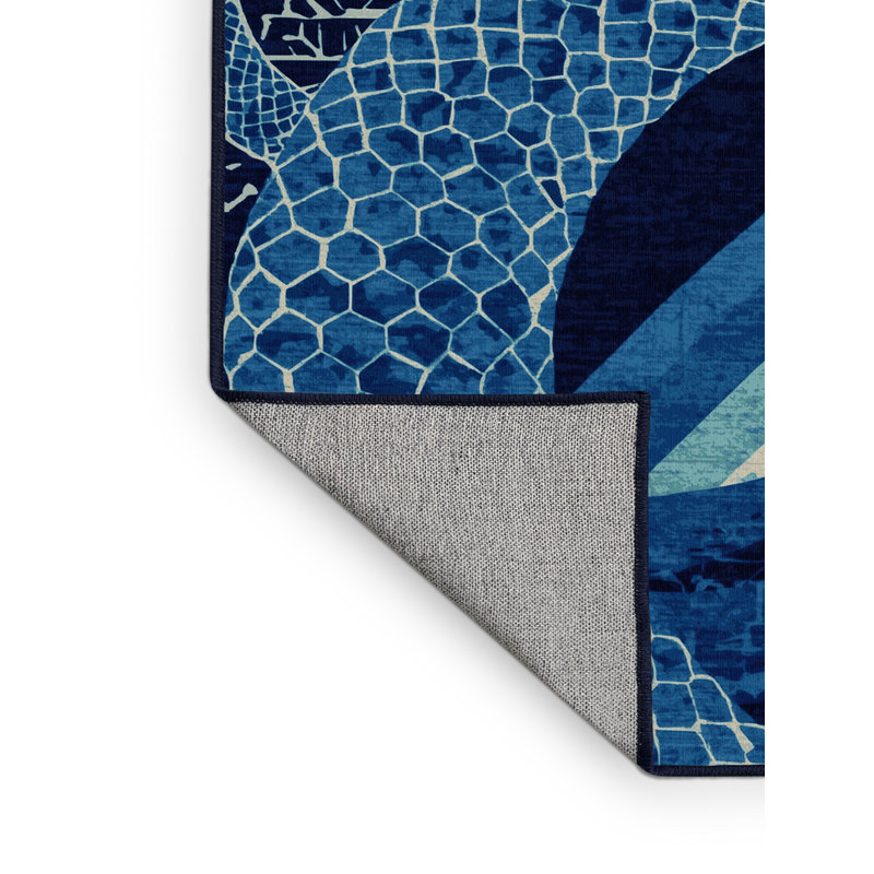 Tapis bleu à motif de blocs d'inspiration mondiale lavable à la machine Joyce Naga, 8 x 10
