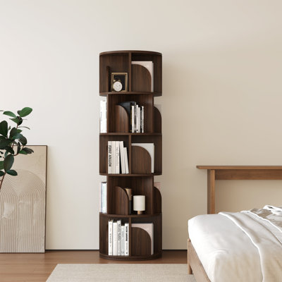 Rotating Bookshelf, 5 Tier Small Bookcase Corner Display Shelf For Small Space Wood Narrow Book Shelf Organizer For Living Room, Walnut