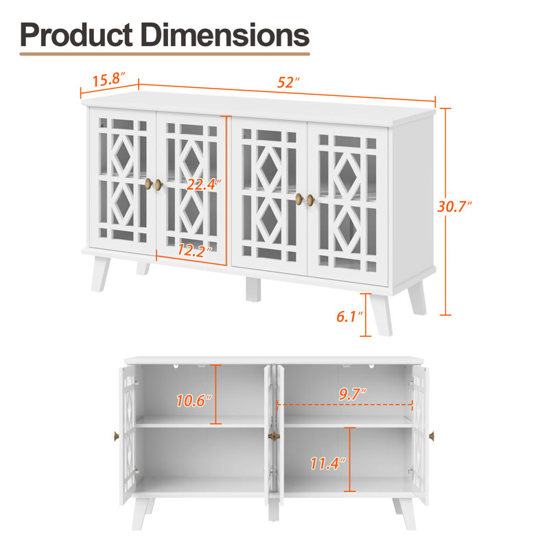52''W Four Hollow Door Sideboard, White