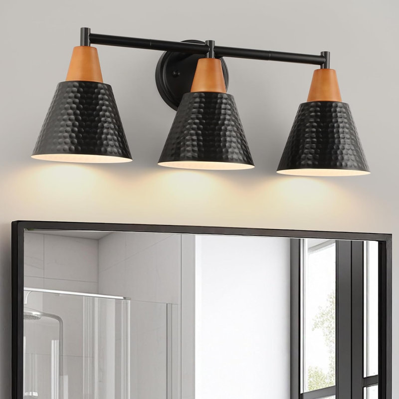 Luminaire de meuble-lavabo industriel noir à 3 lumières avec abat-jour en métal martelé pour salle de bain, Trois lumières
