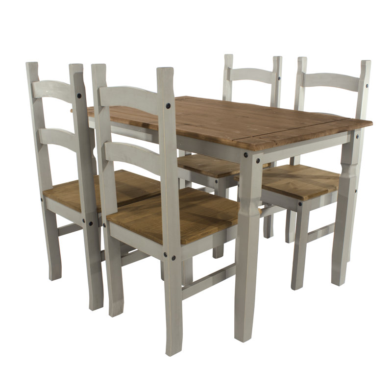 Archibold 4-Person Pine Solid Wood Dining Set, Grey and Antique Wax Finish with plank design table top