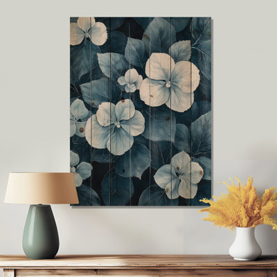 Monochrome Hydrangea Cluster Pattern I - Hydrangea Wood Wall Art - On Natural Pine Wood