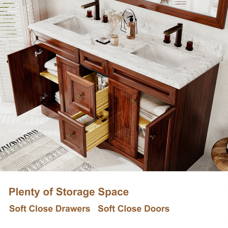 60'' Free-standing Double Bathroom Vanity in Brown with Carrara Marble Vanity Top and Backsplash