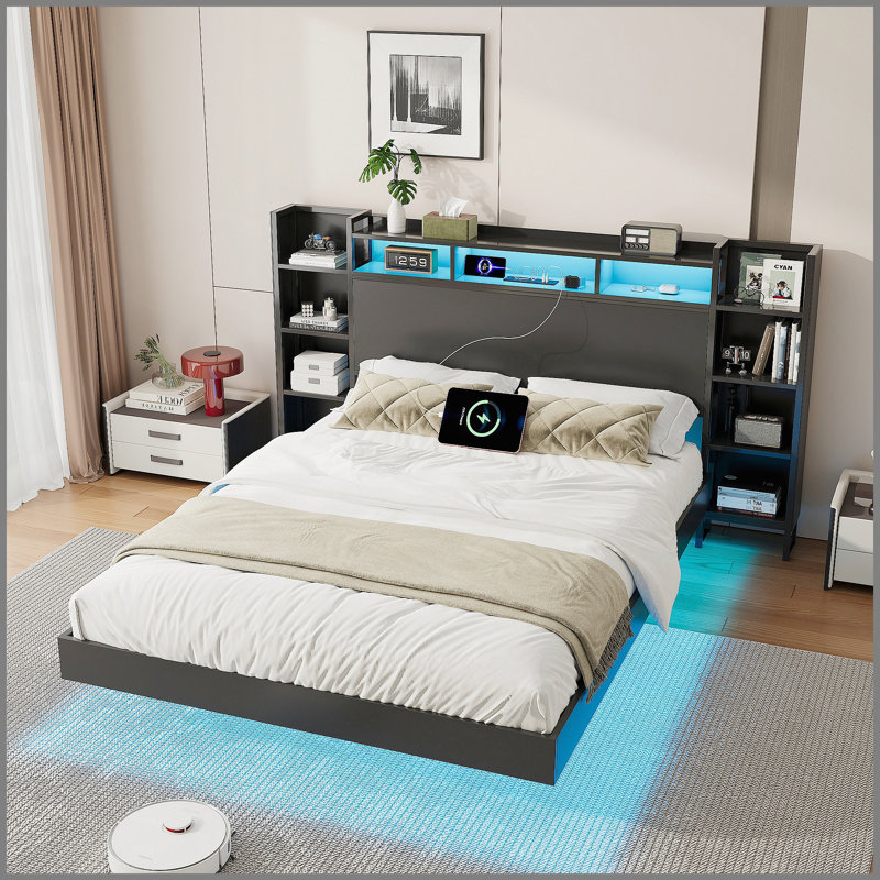 Base de lit flottante pleine grandeur avec station de charge USB, tête de lit avec rangement et base de lit plateforme en métal robuste à lumière DEL, sans sommier tapissier, noir