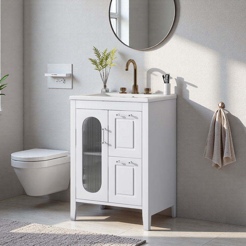Meuble-lavabo 24 po avec lavabo, meuble-lavabo avec deux tiroirs et porte, tablette réglable, bois massif et panneau de fibres à densité moyenne