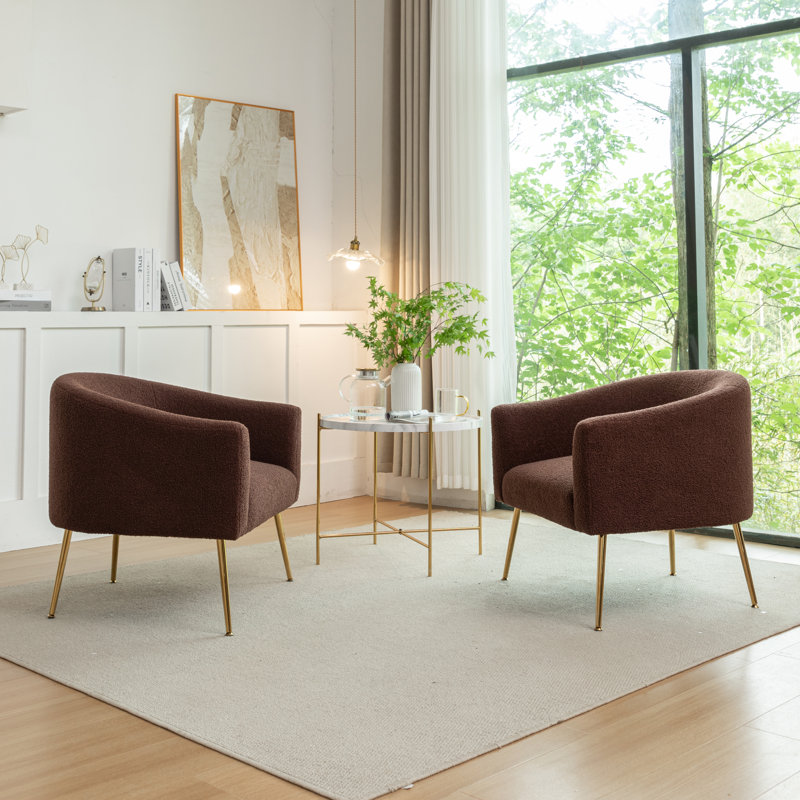 Fauteuil demi-tonneau Jameila, Fausse fourrure brune, 2, Doré