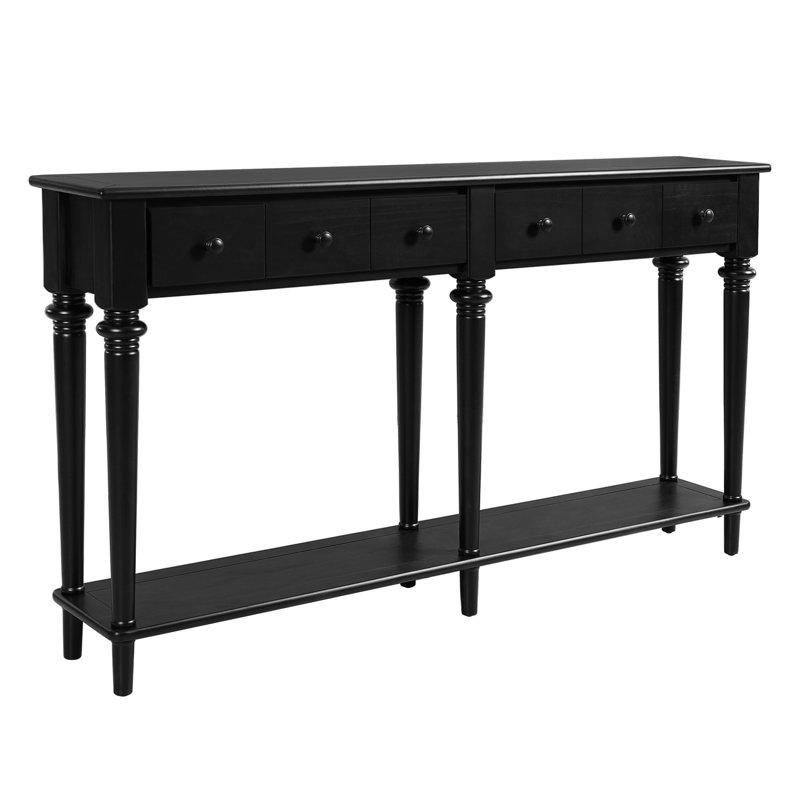 Table de couloir à 4 tiroirs en noir, esthétique rétro, surface en placage de pin, conception d'entrée stable et utile, fonctionnelle