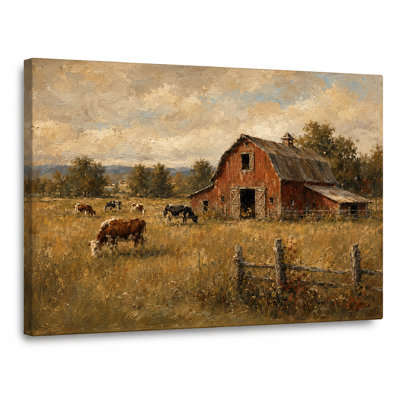 Barn with Horses Wrapped Canvas Wall Art, Rustic Farmhouse Animal Landscape Decor