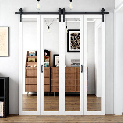 Closet Bi-Fold Barn Door 1-Lite Mirror 84'' Solid Manufactured Wood Pre-Assembled & Paintable Double Double Bi-Fold Barn Door 50" x 84" with Installation Hardware Kit(Ideal for Small Closet,Pantry,Laundry,Bathroom)
