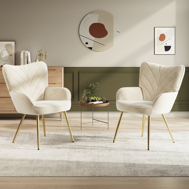 Plush Velvet Upholstered Armchair with Metal Legs, White
