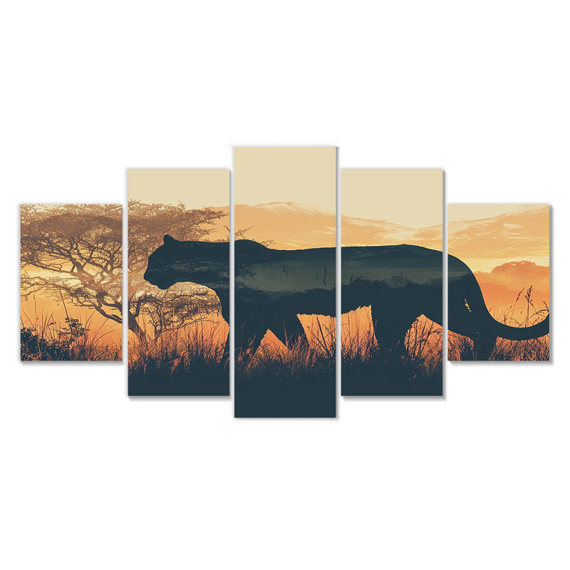 «Cougar Silhouette In The Savanne - Leopard Animal», art mural pour le salon, 5 pièces, 32" H x 60" W
