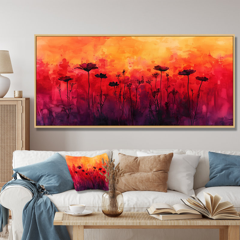 Danse d'automne d'Alger, coucher de soleil, coquelicots V - coquelicots, art mural, H 28 po x l 60 po, Argent argent