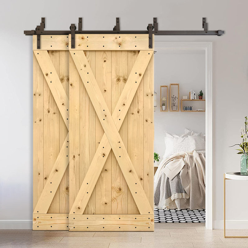 Porte de grange double à panneaux en bois teinté à panneau avec ensemble de quincaillerie coulissante, 76 po x 84 po, Brut