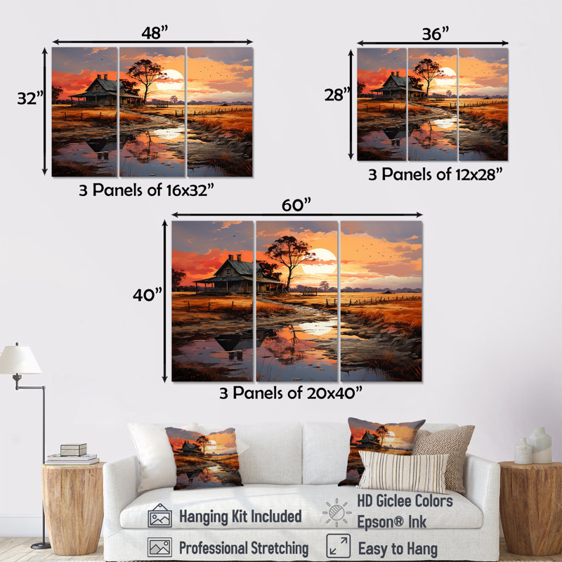 Barns Sunrise Country Charm - ensemble d'art sur toile Barns, H 40 po x l 60 po x P 1 po