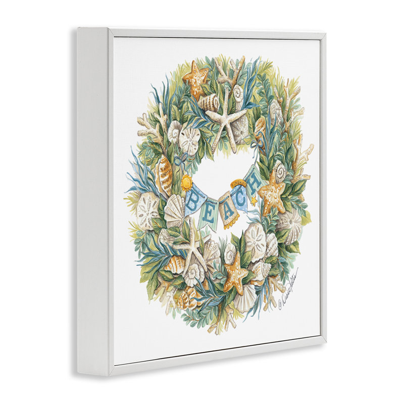 Holiday Beach Seashell Wreathe Nautical Christmas, H 17 po x l 17 po, Giclée encadrée blanc bord de mer
