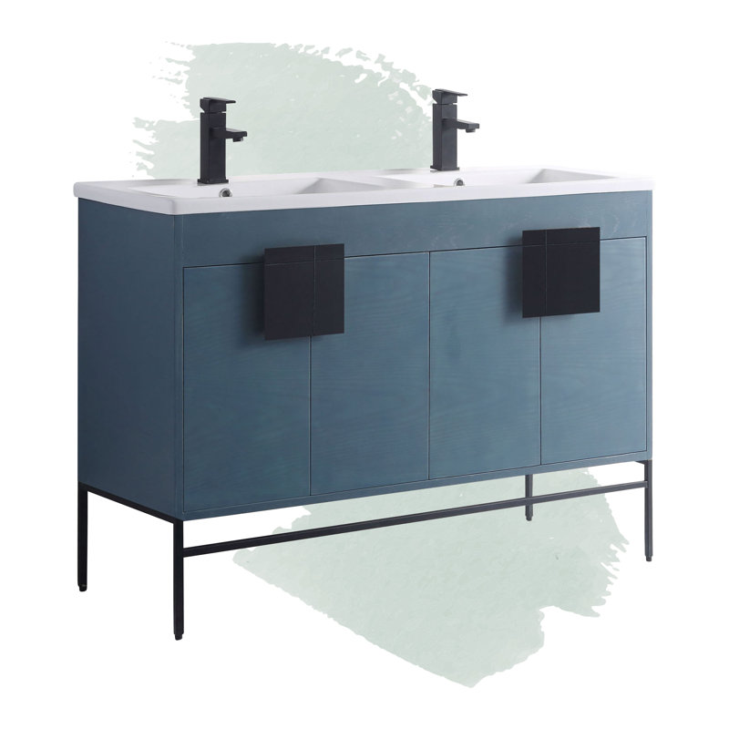 Tortola 47.24'' Double Bathroom Vanity with Ceramic Top, Black Matte, French Blue