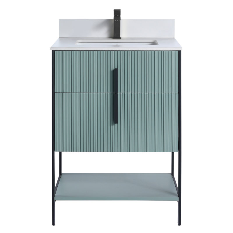 Meuble-lavabo moderne avec plateau en pierre Serenity, Vert menthe / noir, 24", Pierre artificielle blanche
