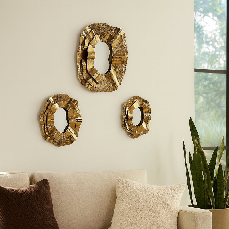 Metal Decorative Round Abstract Wall Mirror for Home Decor – Large Framed Mirrors for Bathroom, Vanity Table, or Wall Decor – Set of 3, 24", 20", 16"
