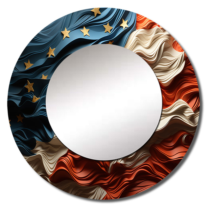 Drapeau moderne moderne des États-Unis II - drapeau unique, grand miroir mural rond traditionnel, impression sur métal