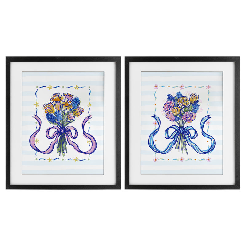 Ensemble de 2 impressions encadrées sous verre avec ruban Ribboned Spring, Cadre noir minuit, H 16 po x l 13 po