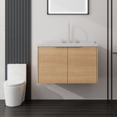 Meuble-lavabo flottant mural 30 po avec lavabo, porte à fermeture en douceur, comptoir et dosseret en marbre de culture blanc de 2 po Carrara, armoire en contreplaqué, finition chêne