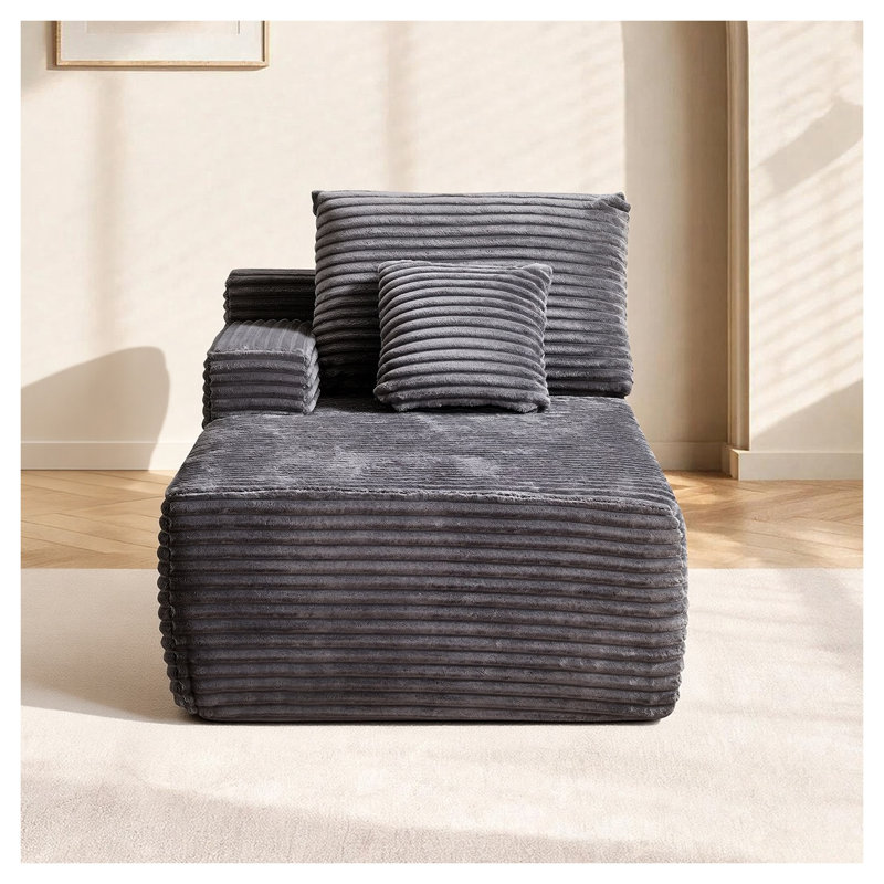 Chaise longue grise en peluche avec ressorts ensachés, aucun assemblage requis, design orienté vers la gauche pour le salon