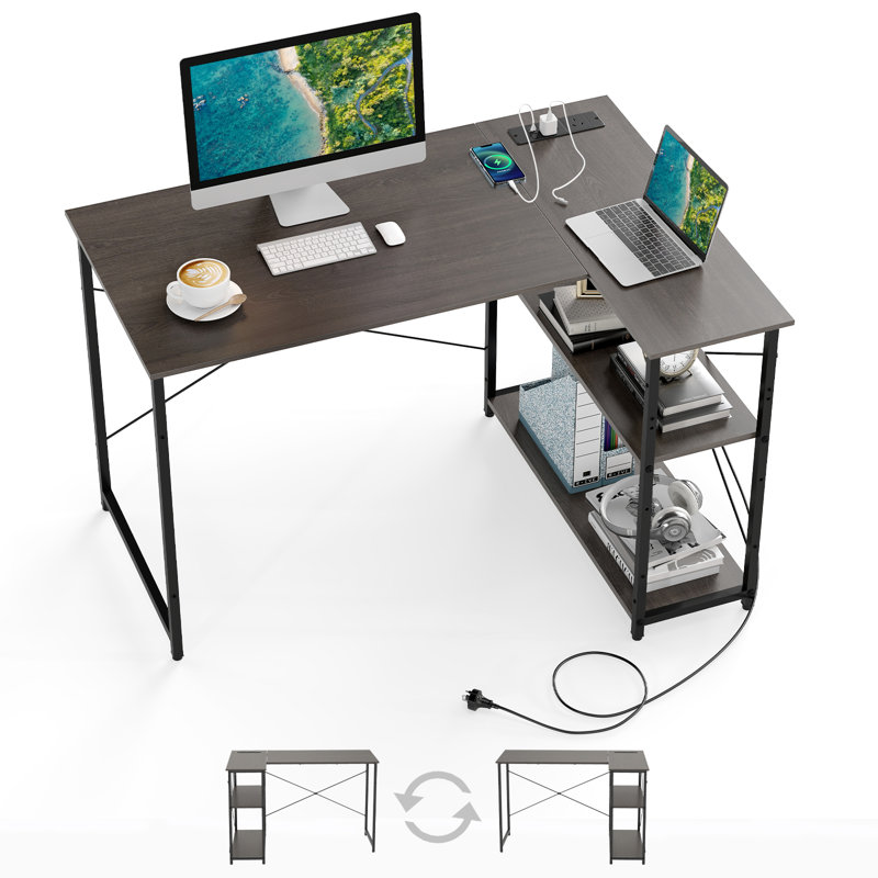L-Shaped Desk With Power Outlet Home Office Computer Desk With Reversible Shelves, Grey
