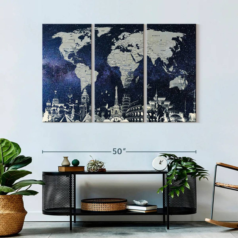Carte du monde étoilé 3 pièces, H 50 po x l 32 po x P 1,25 po