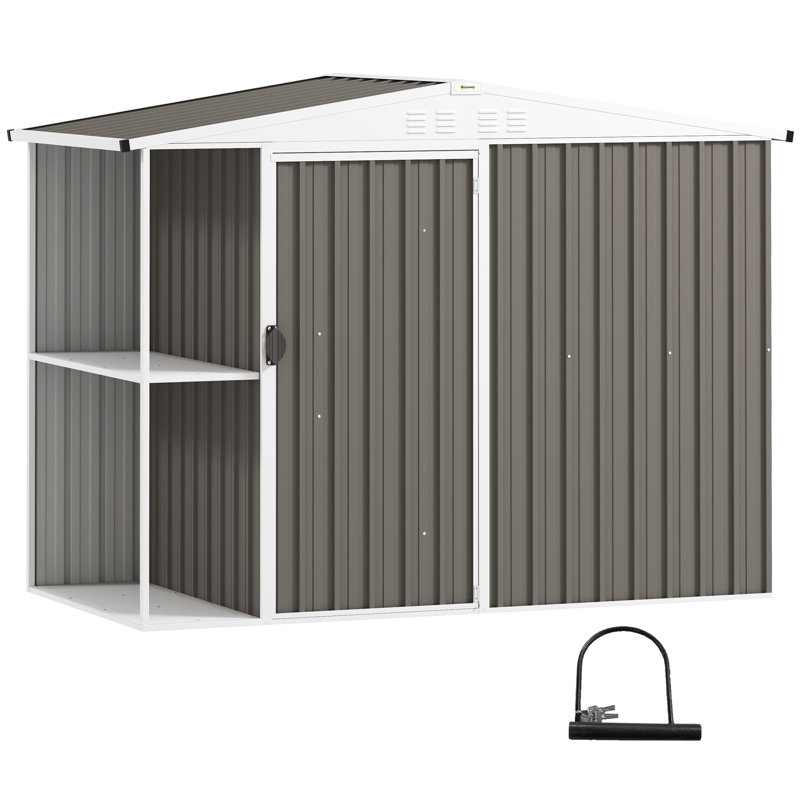 8 x 4ft Outdoor Storage Shed, Metal Garden Shed with 2-Tier Storage Rack, Air Vents and Lockable Door, Tool Shed for Backyard, Patio, Lawn