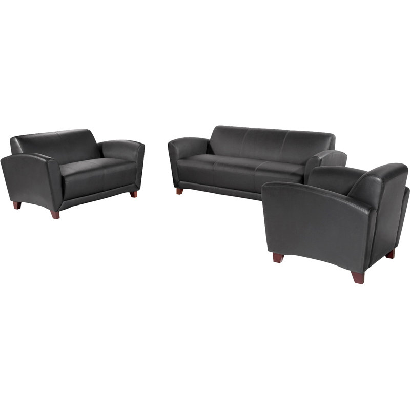 Black Leather Reception Chair with Tablet and Wood Legs