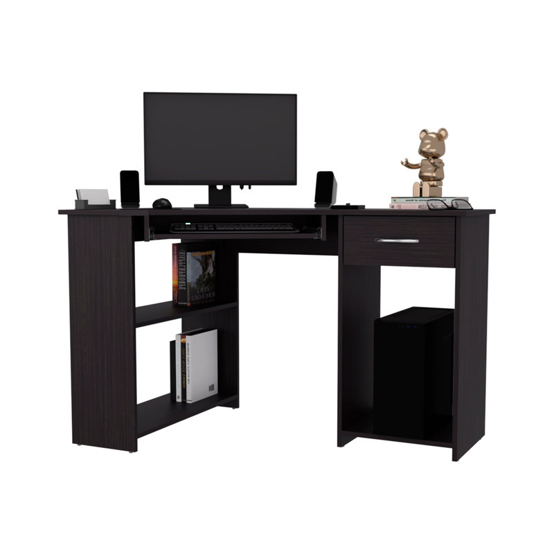 Bureau d'ordinateur d'angle en W avec tiroir et tablette Wenge