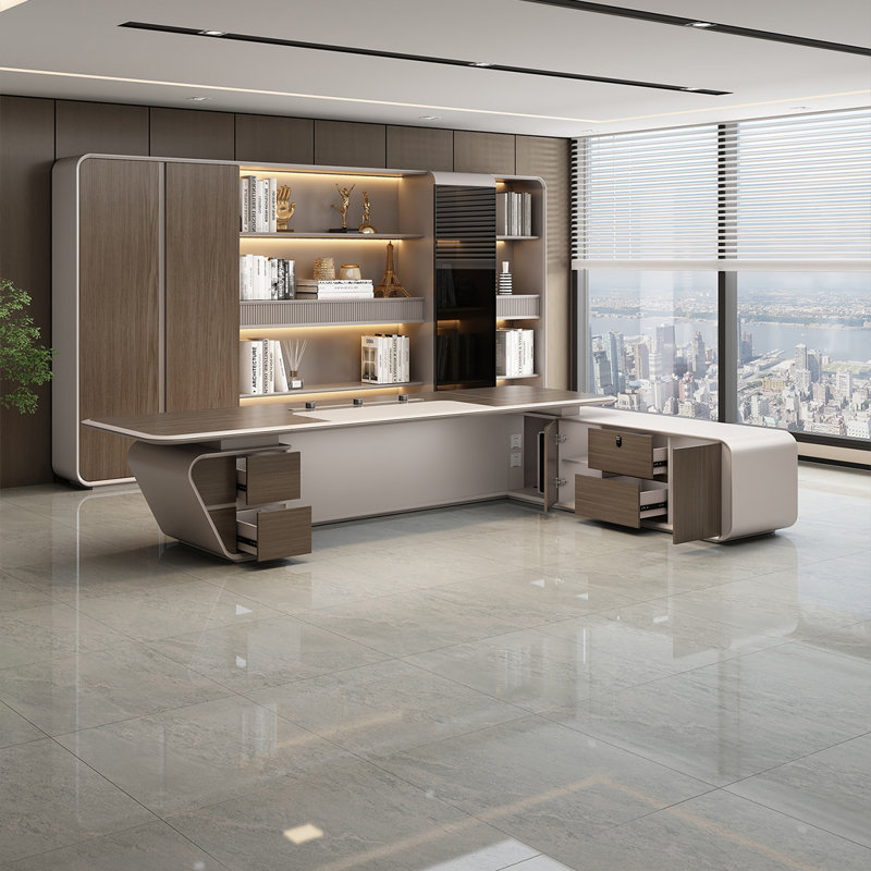 Bureau haut de gamme en forme de L 110,24 po avec coussin en cuir mobile et douille de type rail