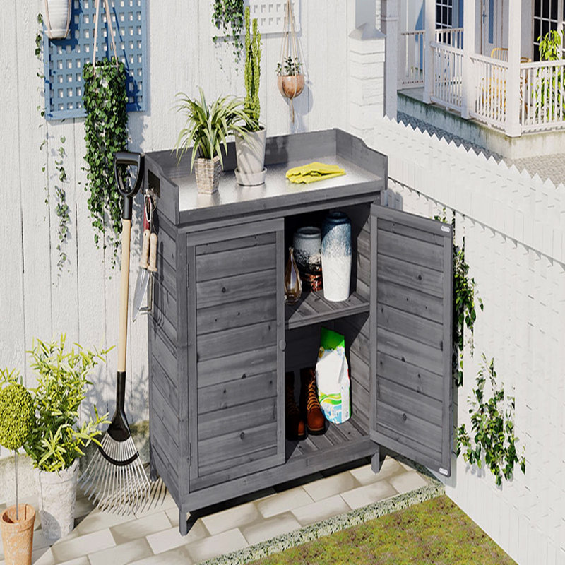 Table de rempotage d'extérieur 39 po, abri de jardin en bois avec poste de travail rustique avec tablettes à 2 niveaux et crochet latéral