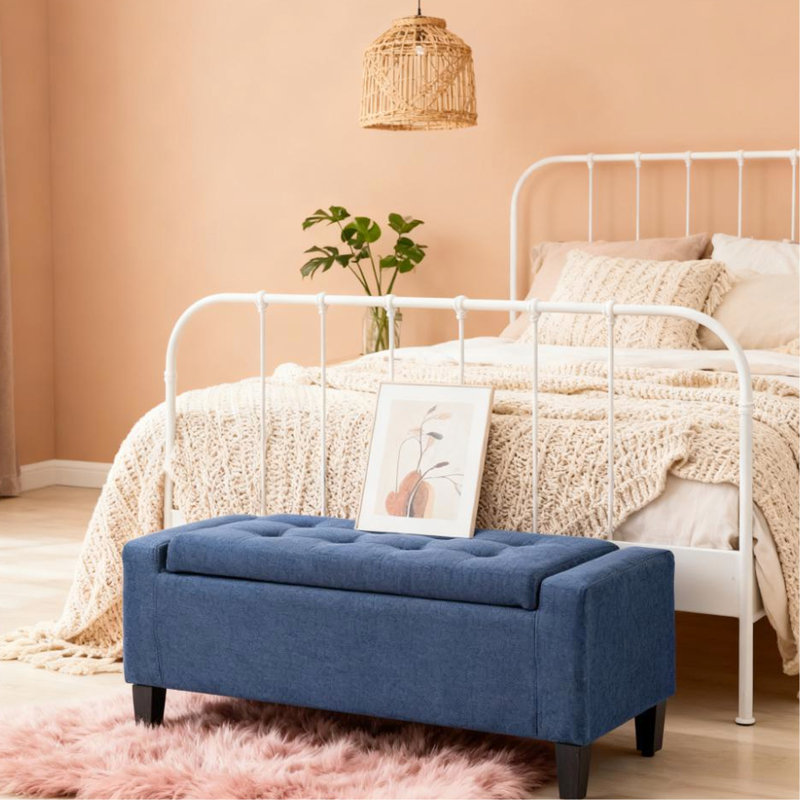 Banc de rangement rembourré, aspect classique, revêtement en lin bleu foncé, pieds en bois d'hévéa, commode spacieuse, largeur de 36,25 po, profondeur de 15,75 po, capacité de 330 lb, banc d'entrée