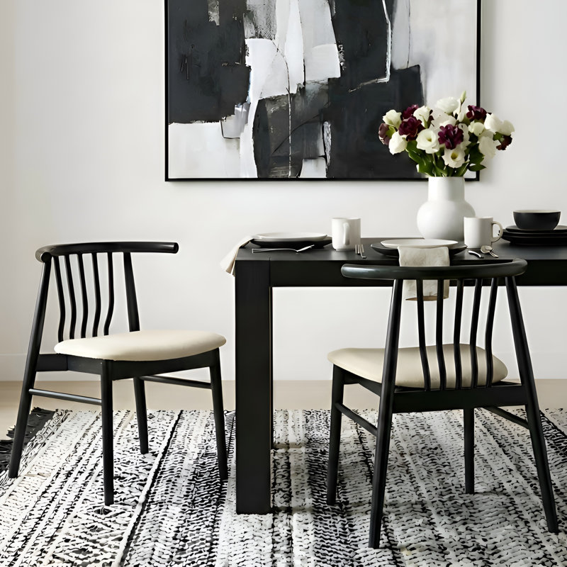 Bausman Slat Back Dining Chair With Solid Wood Frame, Upholstered Side Chair For Dining Room/Kitchen, Beige/Black