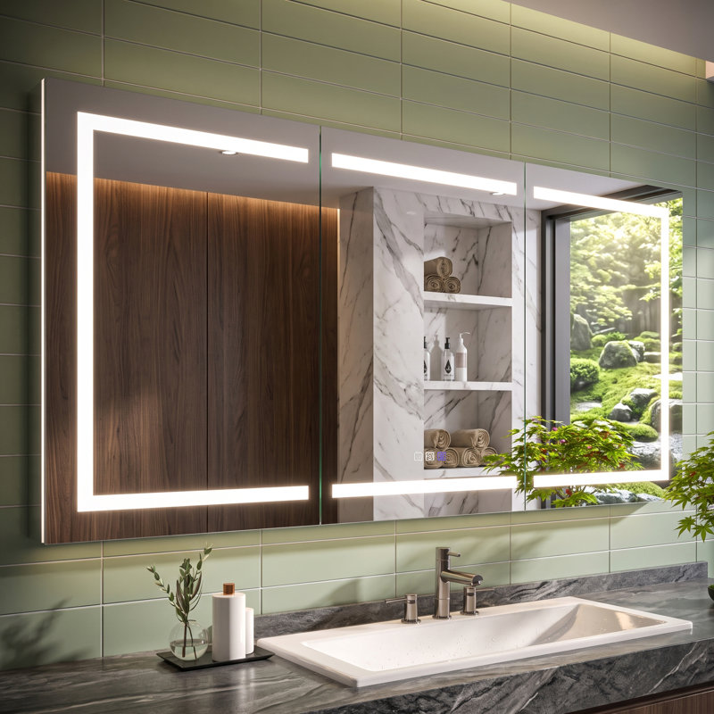 Armoire à pharmacie DEL 183 cm (L) x 91 cm (H) avec miroir, loupe grossissante x5, éclairage à intensité variable, traitement antibuée, prise GFCI, montage en surface ou encastré
