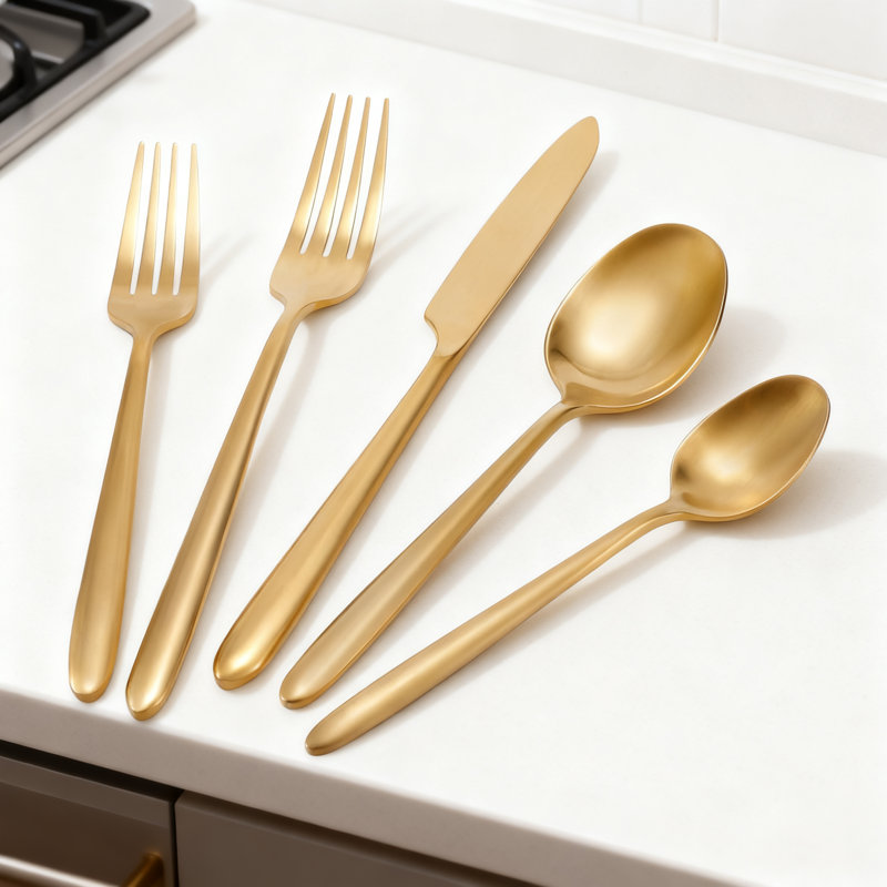 Ensemble de couverts 20 pièces en acier inoxydable avec poignées d'égouttement dorées mates, service pour 4 avec couteaux de table, fourchettes, cuillères, fourchettes à salade et cuillères à café