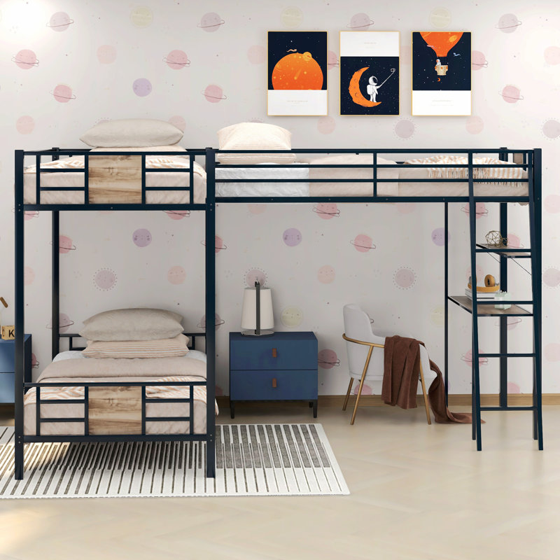L-Shaped Twin Over Twin Bunk Bed With Twin Size Loft Bed With Desk And Shelf