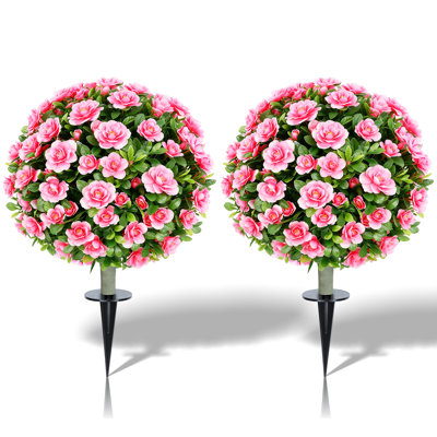 2-Pack Artificial Topiary Tree With Flowers, 16.5" Fake Plant In Pot For Outdoor Garden Patio Porch Decoration