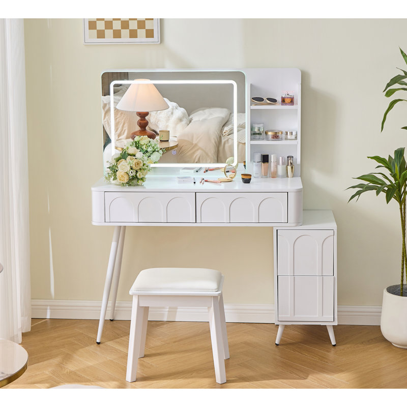 Makeup Vanity Desk with LED Lights and Mirror,Stool, White