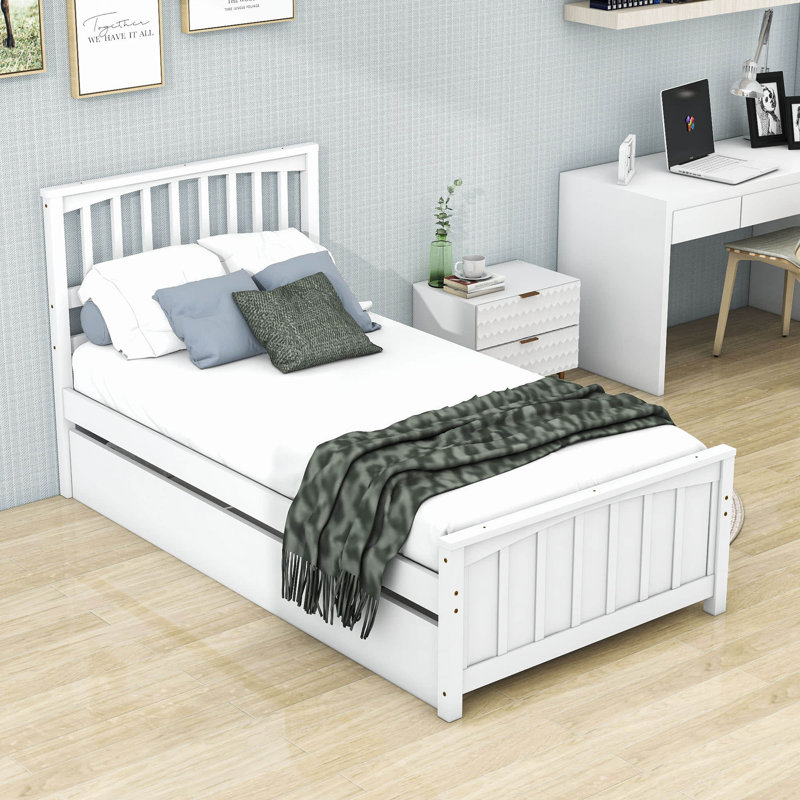 Elizabethann Twin Size Wooden Platform Bed with Trundle, White