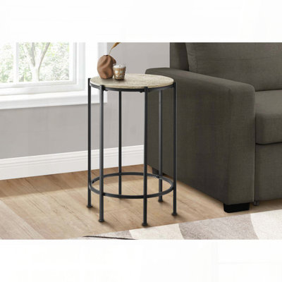 Table d'appoint ronde avec stratifié pierre crème et pieds en métal noir